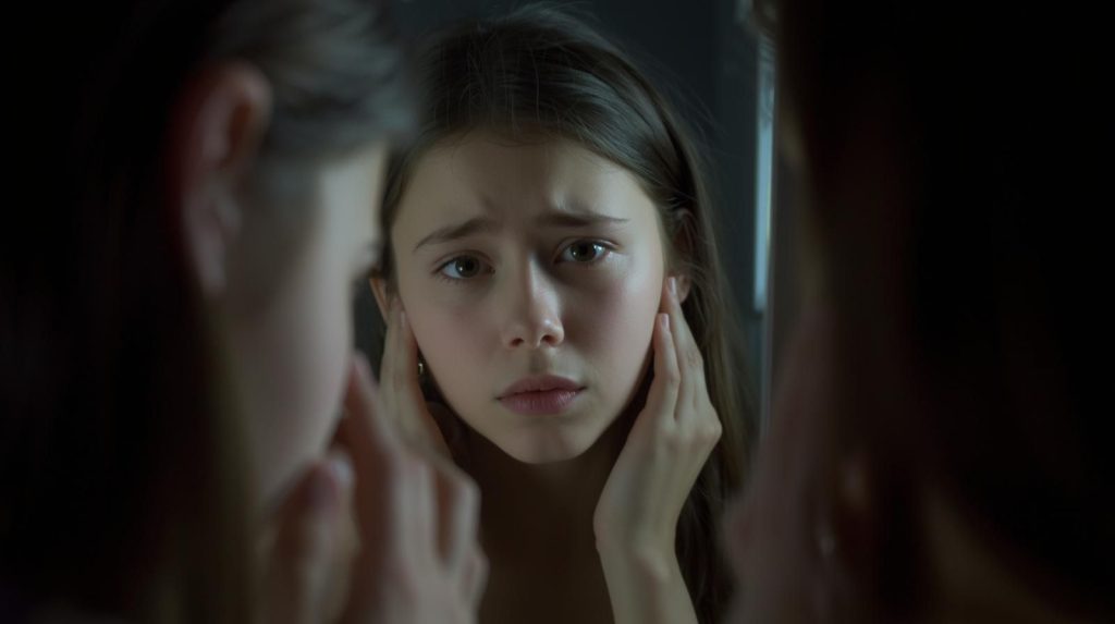 adolescente che si guarda allo specchio e non si piace, fenomeno Sephora kids