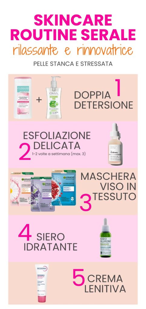 Skincare routine serale rilassante e rinnovatrice pelle stanca e stressata